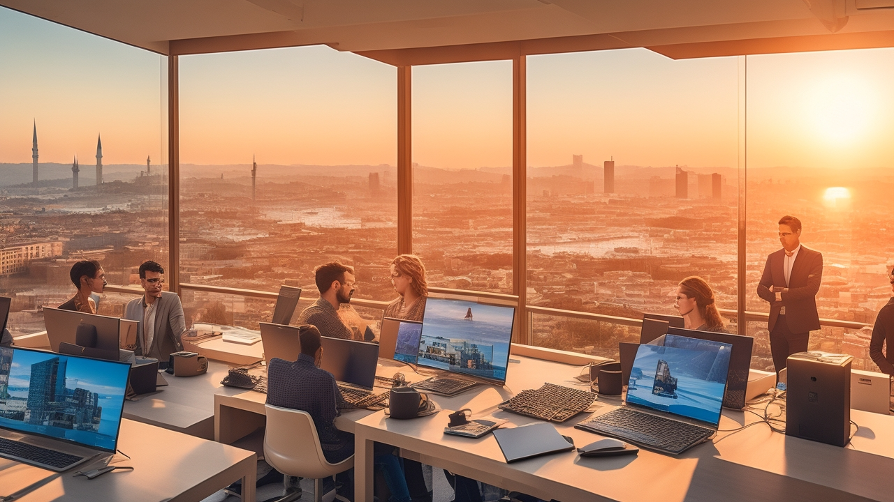 A cinematic editorial photo of a diverse team of remote tech professionals collaborating via video call on multiple sleek laptops in a modern Istanbul coworking space, with panoramic cityscape views highlighting Turkey’s vibrant tech ecosystem and dynamic skyline during golden hour.