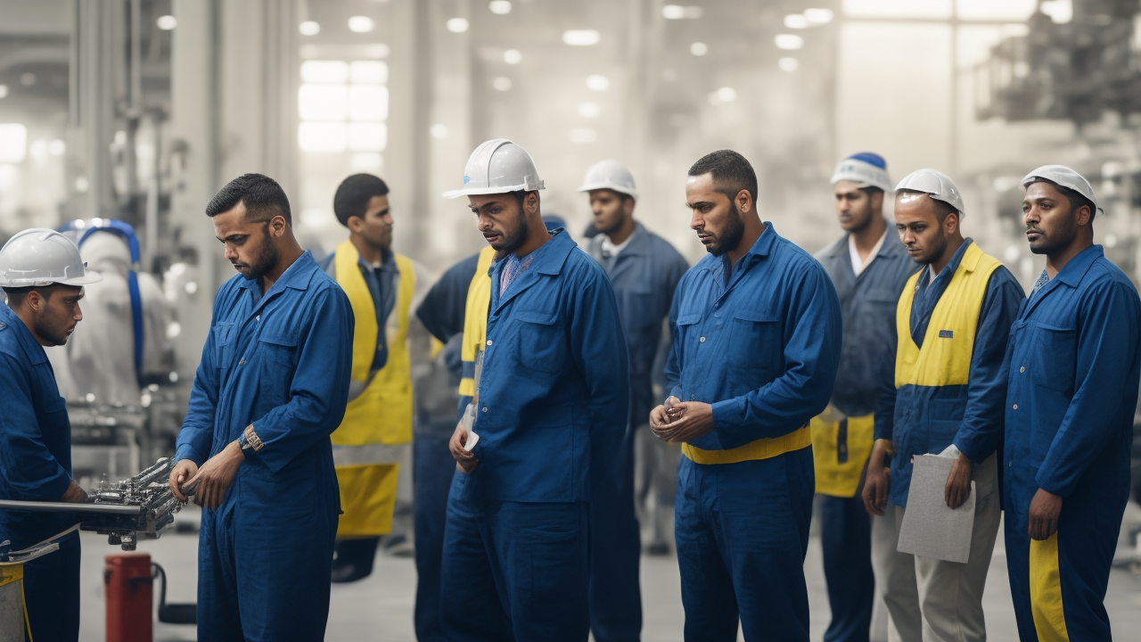 A cinematic editorial photograph showing a diverse group of factory workers and recruitment specialists collaborating on the factory floor in modern Turkish manufacturing facilities, with assembly lines and industrial machinery in the background, highlighting teamwork, large-scale hiring, and efficient workforce integration.