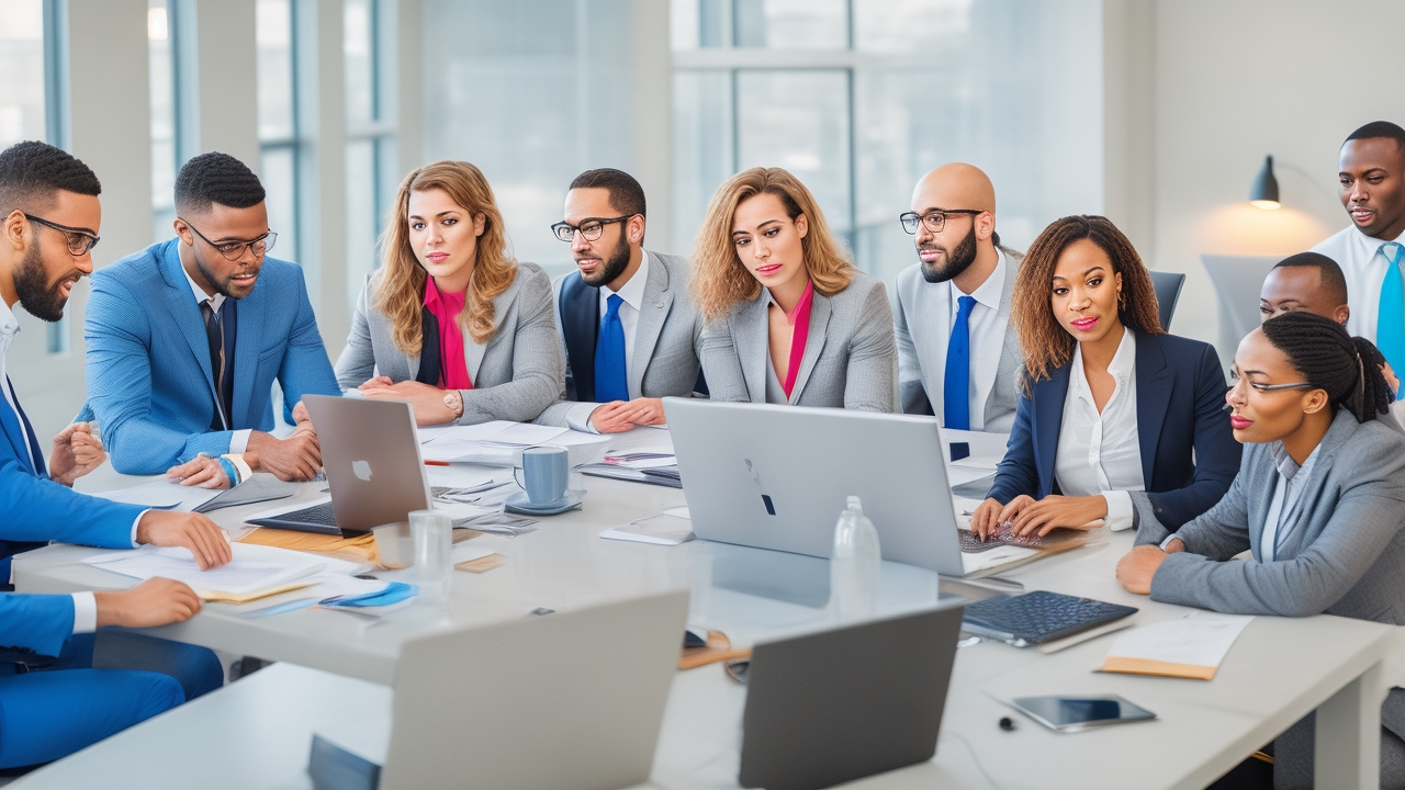 A diverse group of focused hiring managers in a modern office, engaged in collaborative interviewer training with laptops and notes, conveying professionalism, teamwork, and structured decision-making during a high-volume recruitment workshop.
