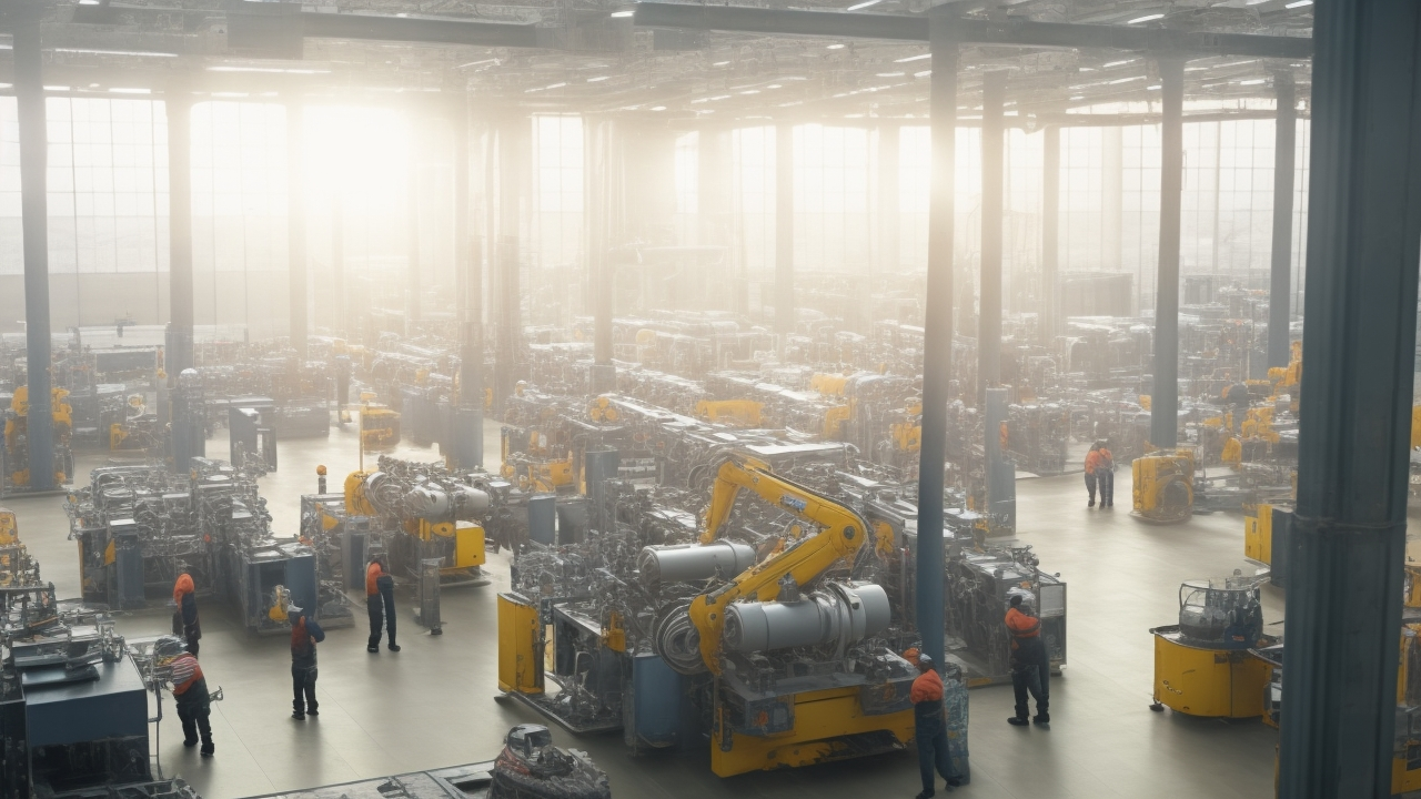 A cinematic, high-angle shot of a modern Turkish manufacturing factory floor bustling with diverse workers operating advanced machinery and robotic arms, with warm natural light streaming through large industrial windows highlighting teamwork and dynamic activity in a clean, organized industrial setting.