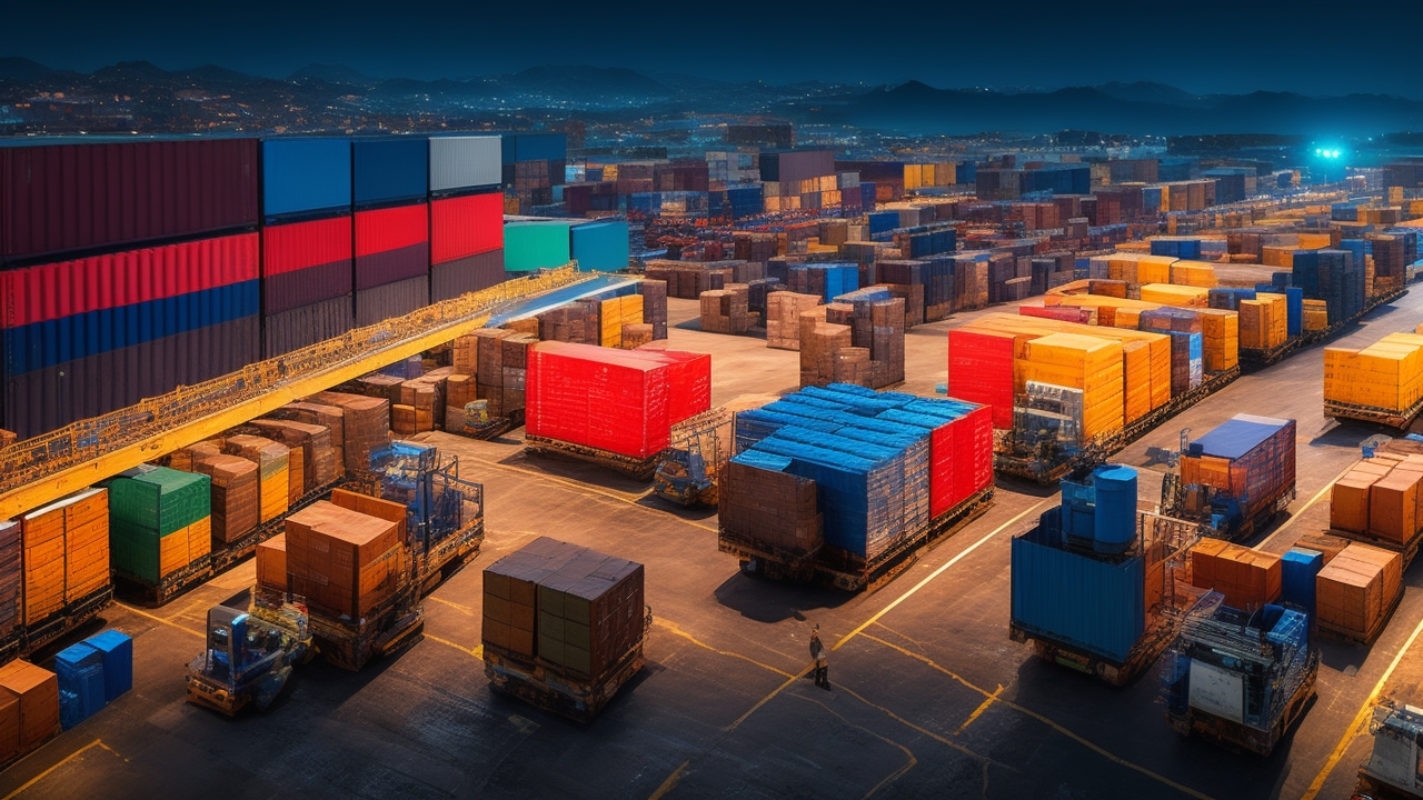 A dynamic, cinematic editorial photo of a busy Turkish logistics warehouse with diverse workers coordinating large-scale hiring and onboarding activities amid stacks of shipping containers and conveyor belts, illuminated by natural and industrial lighting that highlights efficient mass recruitment operations in a modern supply chain environment.