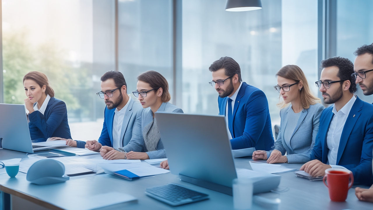 A cinematic editorial photo of a diverse team of professionals in a modern Turkish office collaboratively reviewing resumes and conducting interviews, with warm natural light highlighting focused expressions and digital screens displaying candidate profiles, capturing the dynamic and efficient temp worker hiring process amid Turkey’s vibrant startup environment.
