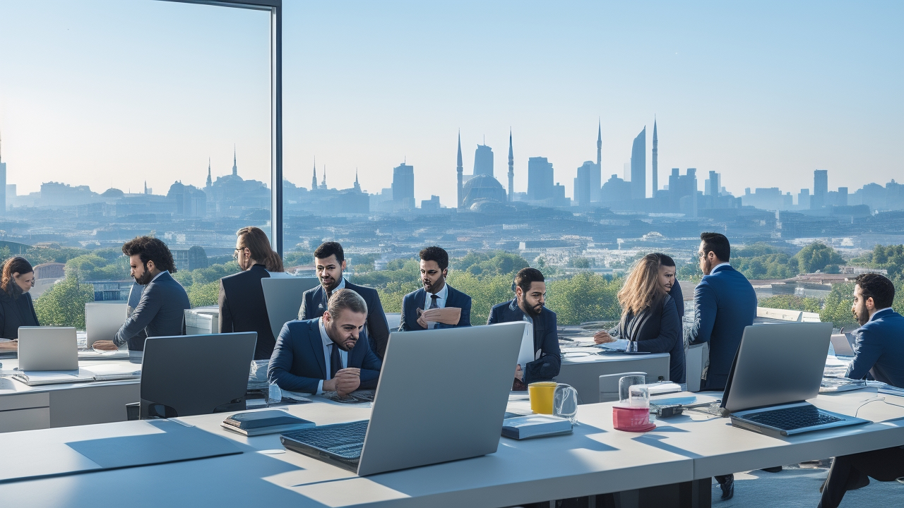 A dynamic, cinematic editorial photo capturing a diverse group of professional recruiters and temporary workers in a modern Turkish office setting, engaged in fast-paced candidate screening with laptops and digital devices, against a backdrop subtly featuring Istanbul’s skyline and seasonal agricultural fields, illustrating efficient and compliant hiring processes during peak labor demand.