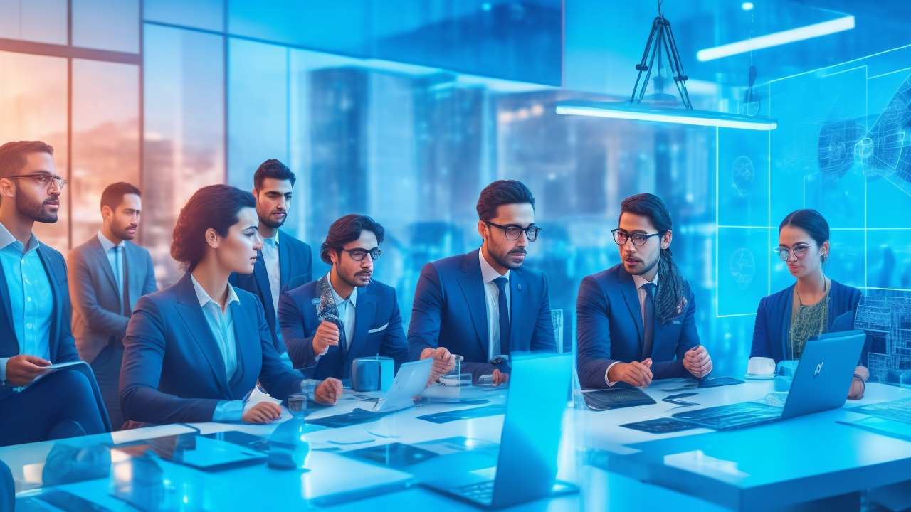 A cinematic editorial-style photograph of a diverse group of professional recruiters and tech entrepreneurs collaborating in a modern Turkish office setting, with digital holograms displaying AI and renewable energy icons subtly illuminating the background, conveying innovation and dynamic hiring solutions amid Turkey’s evolving job market.
