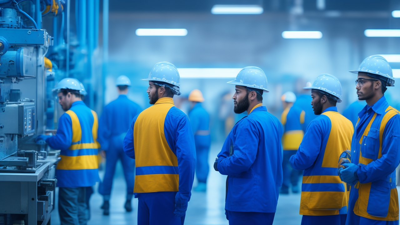 A cinematic editorial image showing diverse blue-collar workers wearing safety gear, collaborating efficiently on a modern Turkish manufacturing factory floor with advanced machinery and technology in the background, symbolizing innovation and fast-paced recruitment amid a talent shortage.