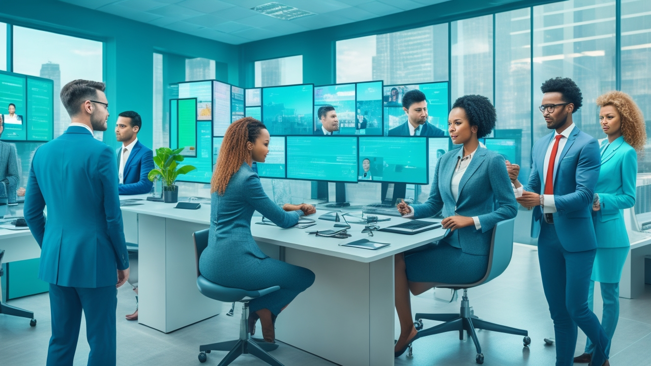 A dynamic recruitment office scene featuring a diverse team collaborating around multiple digital screens displaying messaging app interfaces like WhatsApp, SMS, and email, with a cinematic depth of field and modern tech environment conveying seamless automated candidate communication.