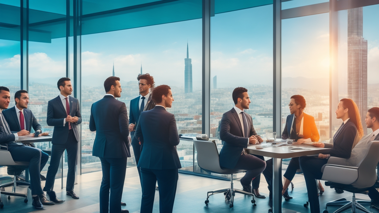 A dynamic, cinematic scene of a diverse group of professional businesspeople collaborating in a modern Istanbul office with panoramic city views, symbolizing agile team scaling and flexible workforce growth in Turkey’s fast-evolving business landscape.