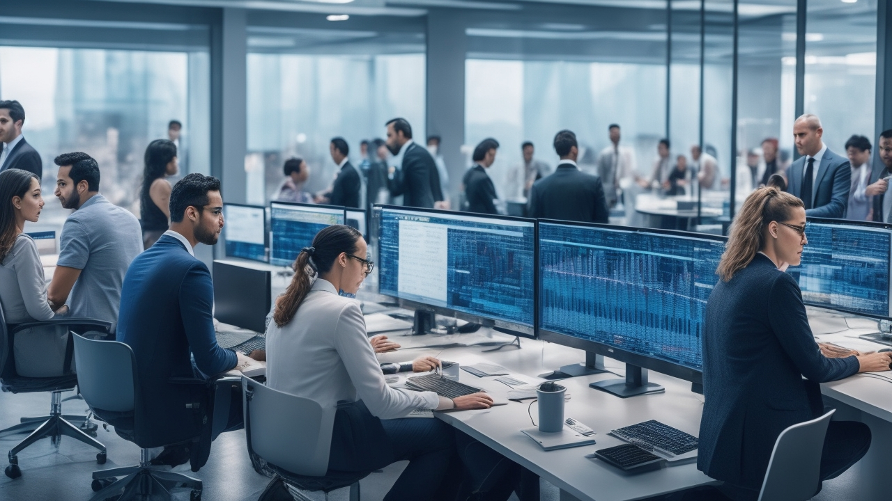 A cinematic editorial photo of a diverse group of focused recruiters and tech professionals collaborating in a modern Istanbul office, surrounded by digital screens displaying recruitment workflows and candidate data, capturing the dynamic energy of high-volume hiring and innovation in Turkey’s tech startup scene.