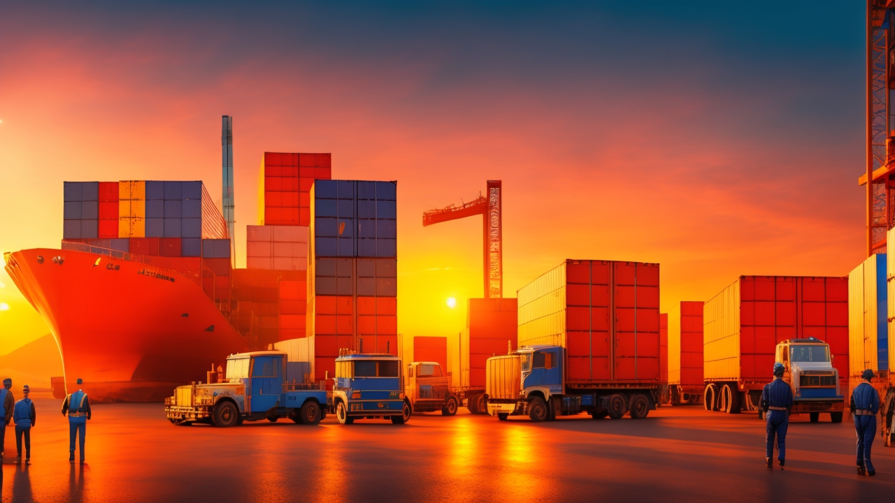 A cinematic, editorial-style image of professional recruiters and logistics workers collaborating amid a bustling Turkish port with cargo containers and trucks, bathed in warm golden-hour light to convey dynamic supply chain hiring and transport staffing excellence in Turkey’s thriving logistics sector.