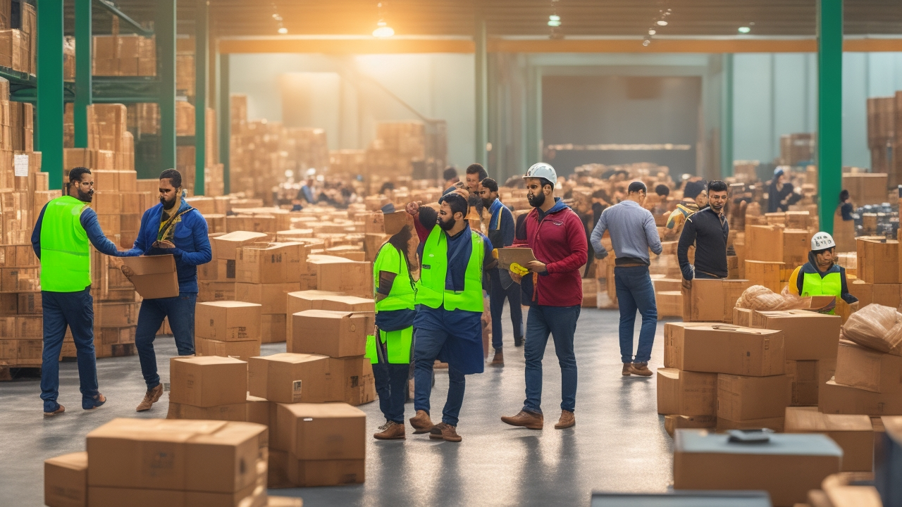 A cinematic editorial image showing a diverse team of recruitment professionals and warehouse workers collaborating seamlessly inside a modern Turkish e-commerce fulfillment center bustling with activity and stacked packages under warm, natural lighting.