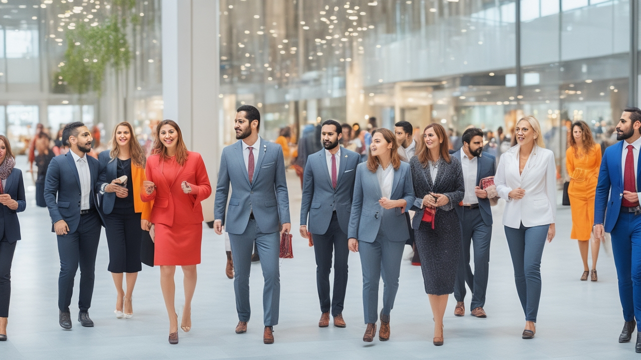 A dynamic, cinematic shot of a diverse group of retail store employees in a modern Turkish shopping mall, engaging confidently with customers and digital hiring tools, capturing the energy of urban retail growth and staffing expertise in Turkey’s bustling 2026 marketplace.