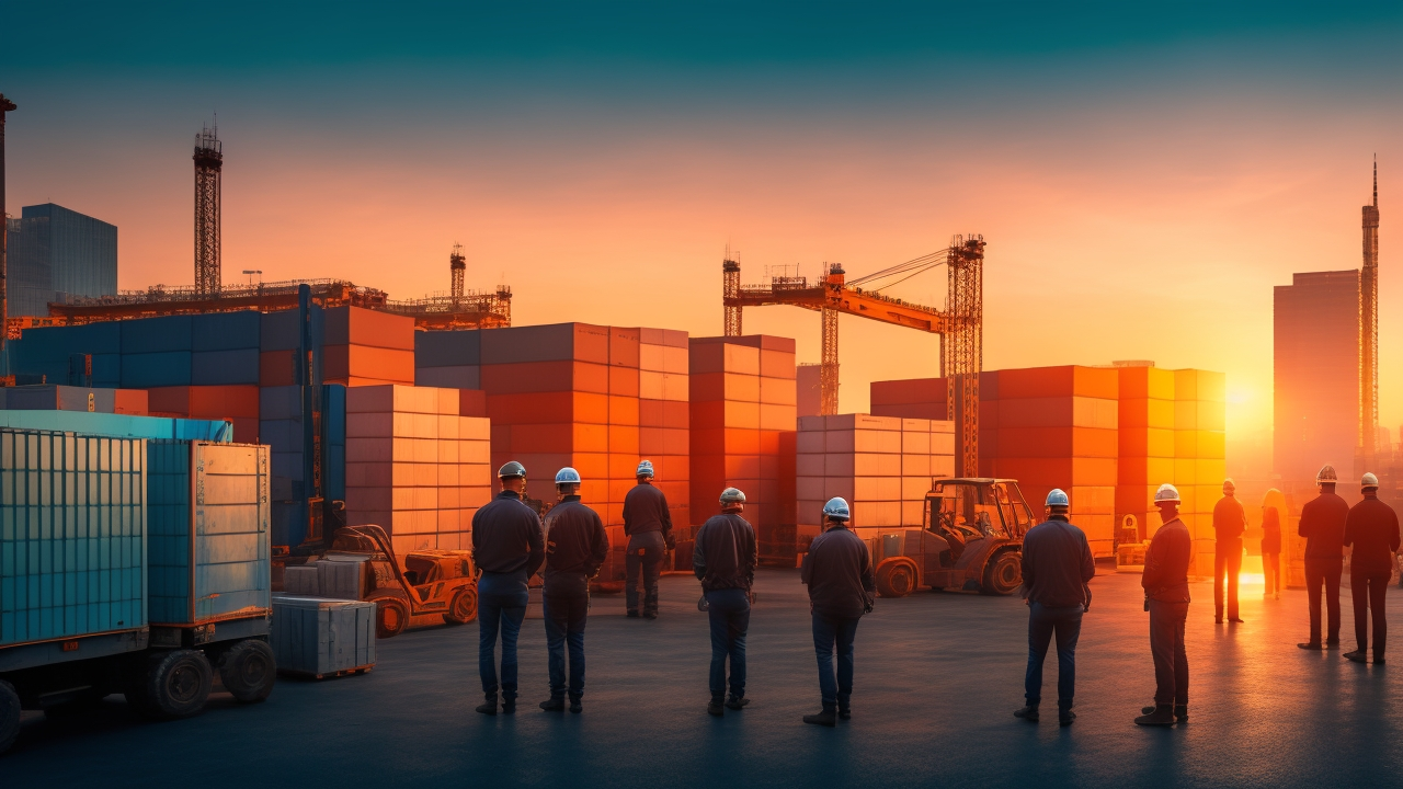 A cinematic editorial photograph of a diverse team of professional recruiters and logistics workers collaborating in a modern Turkish warehouse with shipping containers, forklifts, and digital screens displaying supply chain data, set against the backdrop of Istanbul’s city skyline at golden hour.