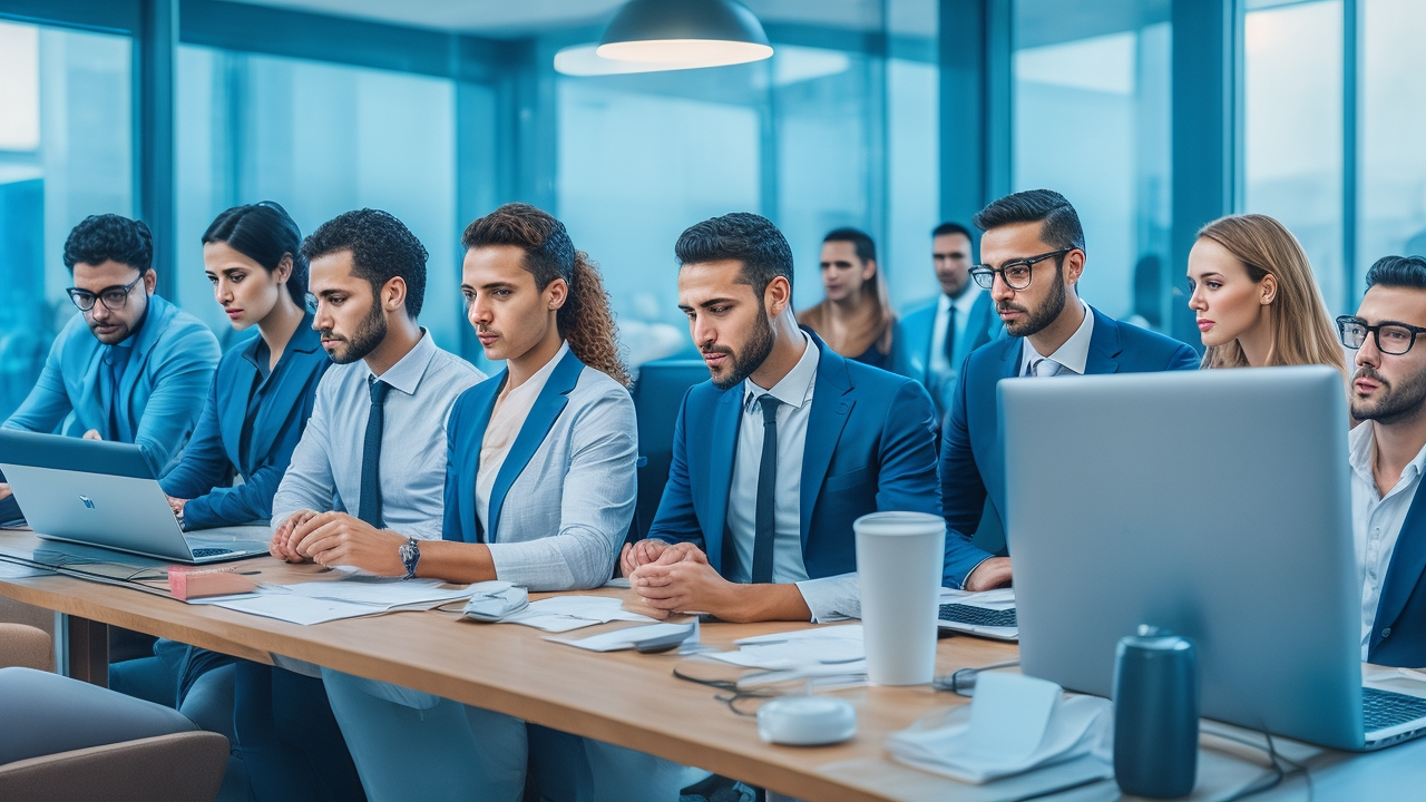 A dynamic, cinematic shot of a diverse group of professionals in a modern office setting in Istanbul, collaborating energetically over laptops and digital devices, conveying fast-paced team growth and innovative recruitment in Turkey’s competitive job market.