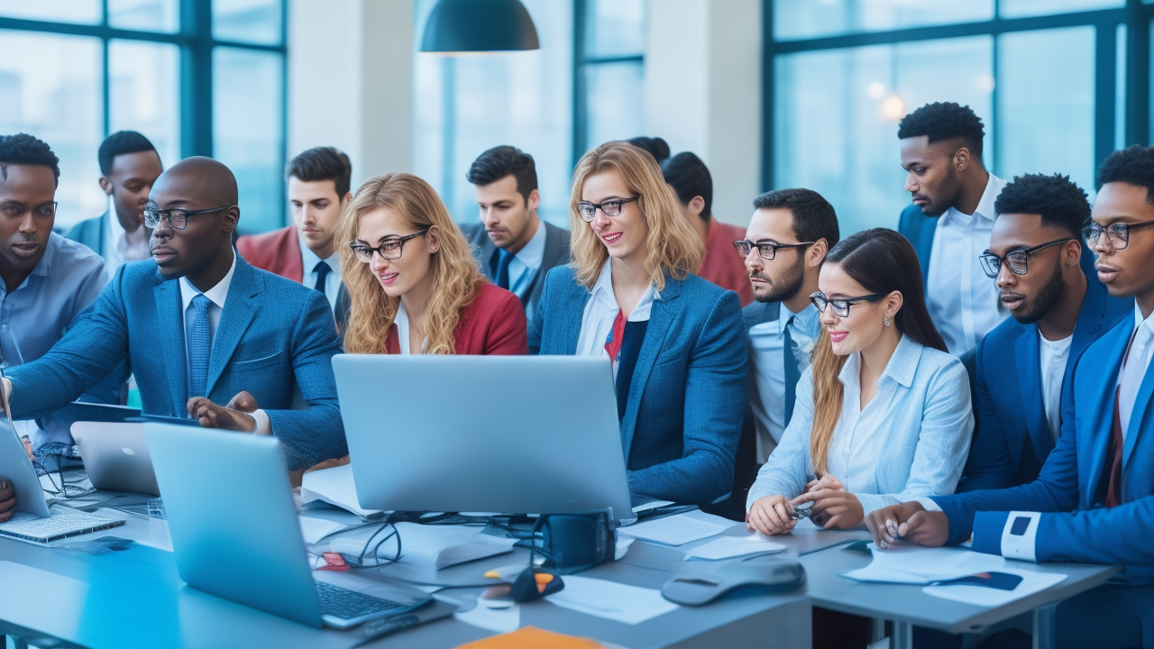 A cinematic editorial photo of a diverse group of tech professionals collaborating in a modern, bright startup office, focused on attentive conversations and digital devices displaying candidate profiles and recruitment dashboards, symbolizing a seamless, transparent, and fast-paced high-volume hiring process.