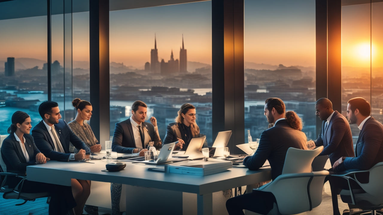 A diverse team of professional people collaborating intensely around a modern office table, with warm cinematic lighting highlighting business growth and payroll management themes, set against a sleek Istanbul cityscape backdrop at dusk, symbolizing rapid workforce expansion and dynamic economic development in Turkey.