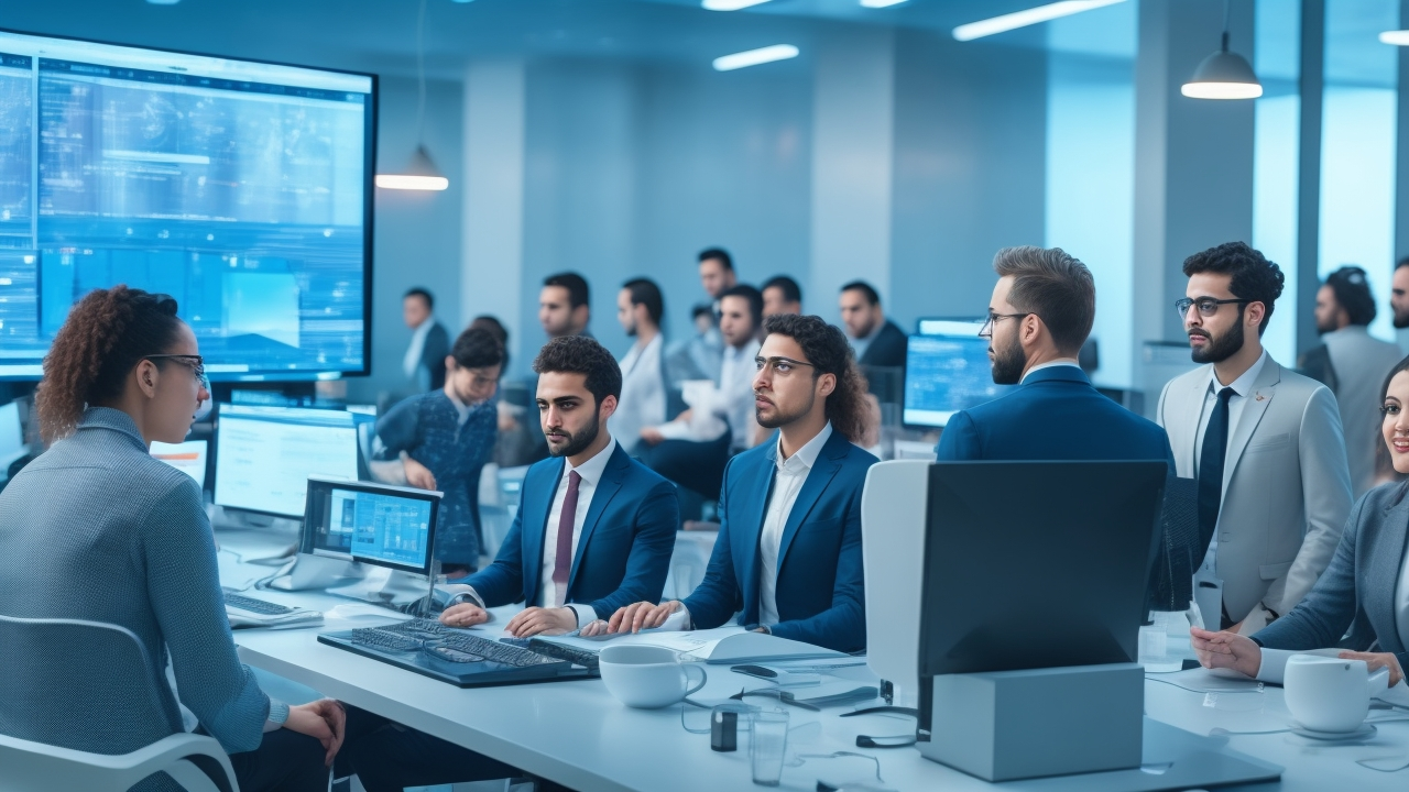 A cinematic editorial scene showing a diverse group of young Turkish professionals collaborating in a modern tech office, surrounded by digital AI interfaces and futuristic data visuals, highlighting dynamic recruitment and tech talent growth in Turkey’s 2026 labor market transformation.