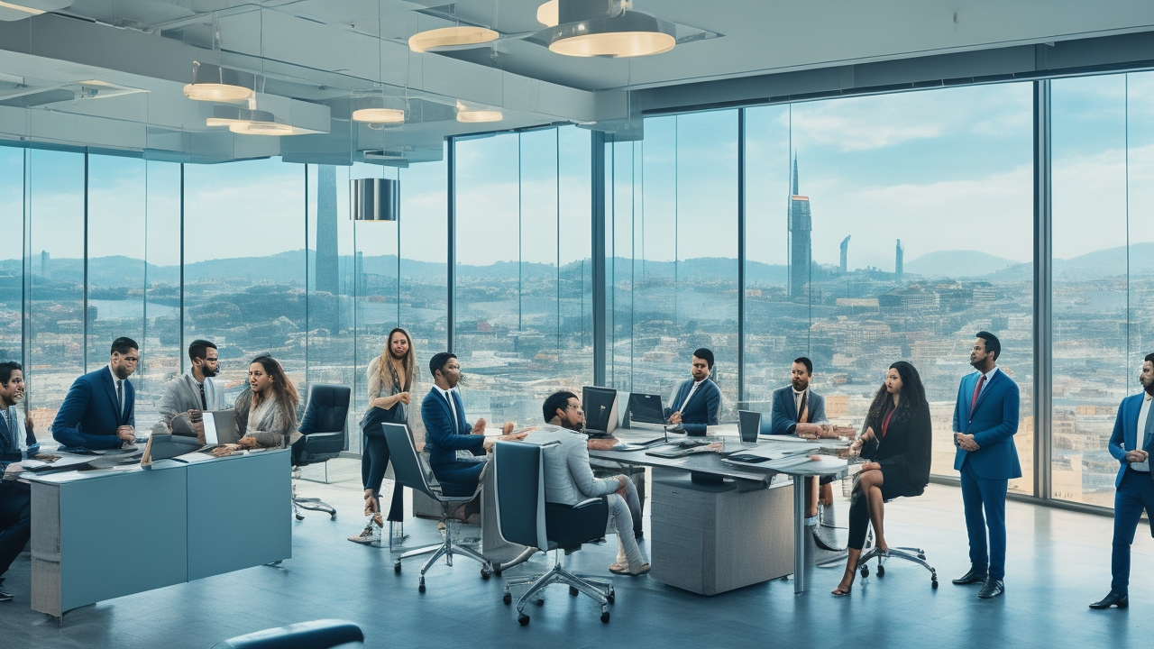 A cinematic editorial photograph of a diverse group of young Turkish professionals collaborating in a modern high-tech office with panoramic views of Istanbul’s skyline, symbolizing innovation, dynamic recruitment, and strategic hiring in Turkey’s booming economy.